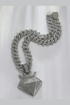 Krelin Men Silver-Plated Rhinestone Studded Hip Hop Style Crown Pendant with Chains