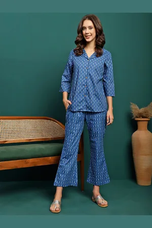 Sangria Blue Printed Pure Cotton Shirt With Trouser