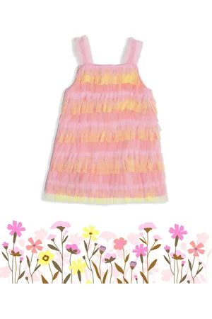 Nauti Nati Girls Self Design Shoulder Straps Layered Ruffles Net A-Line Dress