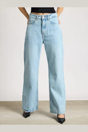 FREAKINS Women Wide Leg High-Rise Low Distress Heavy Fade Cotton Jeans