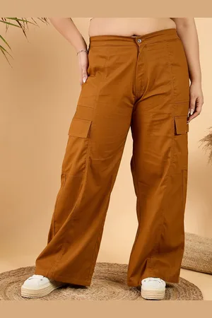 CURVY STREET Women Plus Size Brown Loose Fit Mid-Rise Plain Wide Leg Cotton Trousers