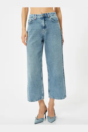 Koton Women Wide Leg Mid-Rise Clean Look Cotton Cropped Jeans