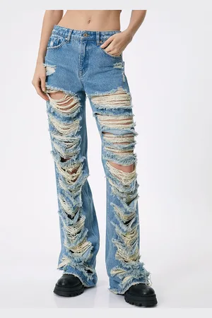 Koton Women Straight Fit Mid-Rise Highly Distressed Cotton Jeans