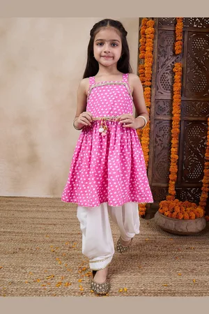 pspeaches Girls Bandhani Printed Shoulder Straps Gotta Patti A-Line Kurta With Dhoti Pants