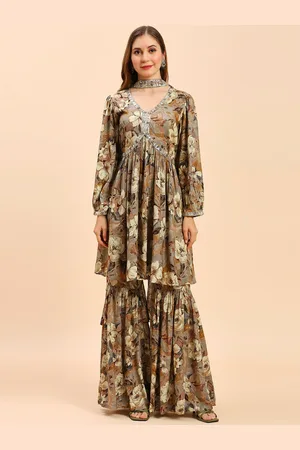 MADHURAM Floral Printed Empire Beads and Stones Top with Sharara & With Dupatta