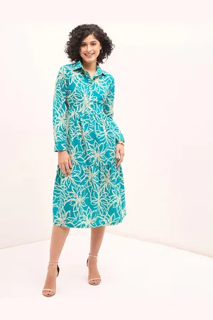 SALT ATTIRE Women Teal ,Off White Printed Shirt Collar Long Sleeves Shirt Dress