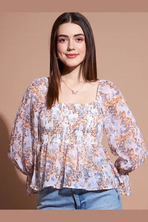 DressBerry White & Orange Floral Printed Square Neck Puff Sleeve Peplum Top