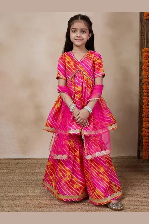 pspeaches Girls Striped Gotta Patti A-Line Empire Kurti With Sharara & Dupatta