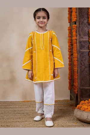 pspeaches Girls Floral Embroidered Round Neck A-Line Kurta With Pyjamas