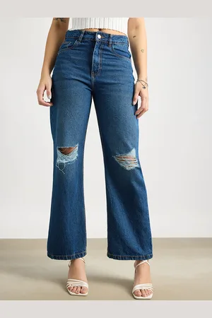 FREAKINS Women Wide Leg High-Rise Mildly Distressed Cotton Jeans