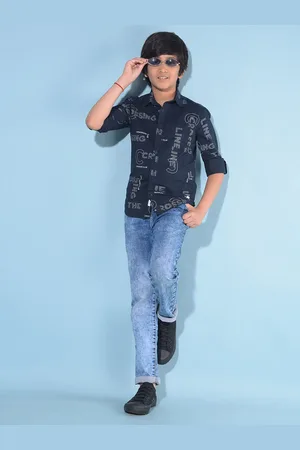 Crimsoune Club Boys Classic Slim Fit Typography Printed Casual Pure Cotton Shirt