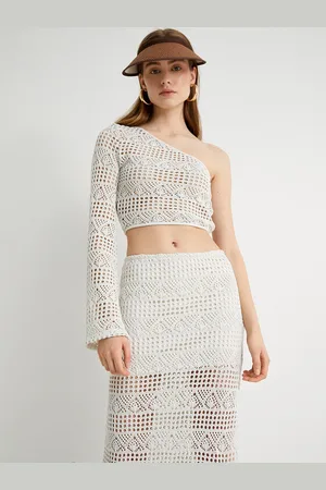 Koton One Shoulder Long Sleeves Self Design Cotton Crop Top