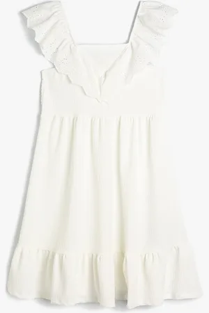 Koton Girls Self Design Square Neck Flutter Sleeve A-Line Dress
