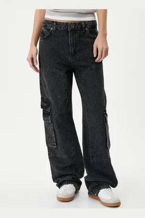 Koton Women Straight Fit Mid-Rise Clean Look Cargo Style Cotton Jeans