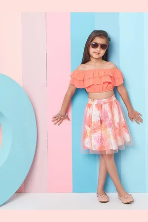 pspeaches Girls Floral Printed Off-Shoulder Top with Skirt