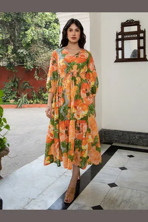 Janasya Cotton Floral Printed Fit & Flare Dress