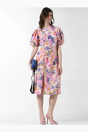 ONLY Floral Printed Puff Sleeves Slit Detail Boat Neck A-Line Midi Dress