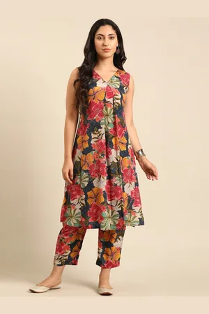 IMARA Floral Printed V-Neck Straight Kurta with Trousers