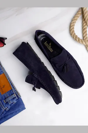 LOUIS STITCH Men Prussian Blue Italian Suede Leather Handmade Driving Tassel Loafers