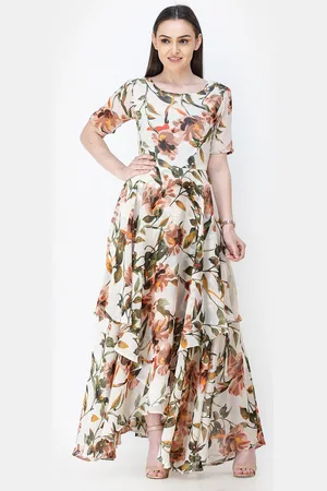Cation Floral Beige Print Round Neck Puff Sleeves Georgette Maxi Dress