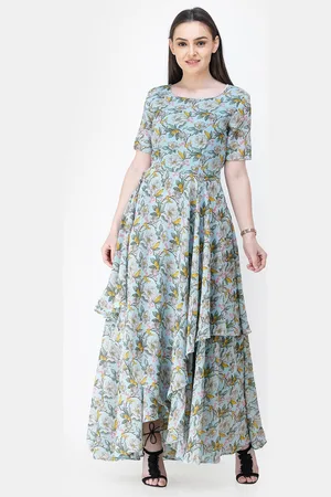 Cation Blue Floral Print Round Neck Georgette Maxi Dress