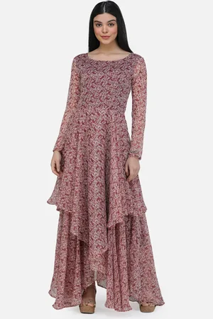 Cation Maroon Round Neck Floral Printed Chiffon Maxi Dress