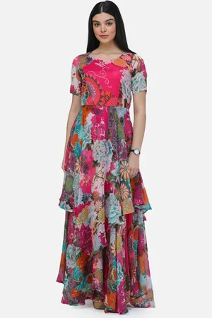 Cation Pink Floral Printed Round Neck Chiffon Maxi Dress