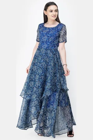 Cation Blue Floral Printed Round Neck Chiffon Maxi Dress
