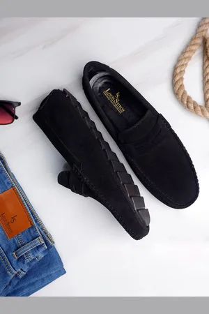 LOUIS STITCH Men Obsidian Black Italian Suede Leather Handmade Driving Loafers
