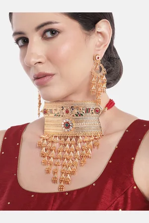 Anouk Peora Women Gold-Plated Beaded Layered Choker Necklace with Earrings