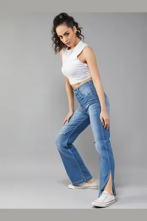 BAESD Women Wide Leg Slash Knee Heavy Fade Stretchable Jeans