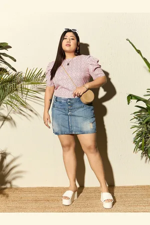 Berrylush Pink Plus Size Blue Floral Printed Puff Sleeves Top