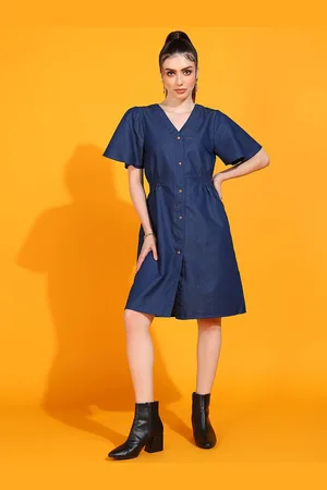 DODO & MOA Blue V-Neck Flared Sleeve Smocked Denim Shirt Dress
