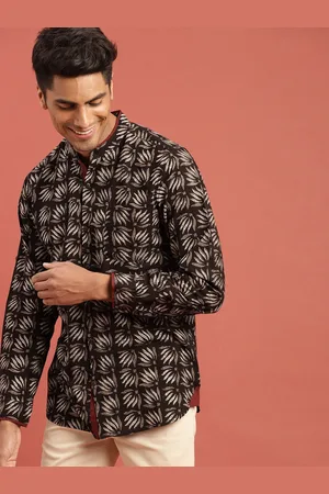 Taavi Men Black Hand Block Print Legacy Casual Shirt with Roll-Up Sleeves