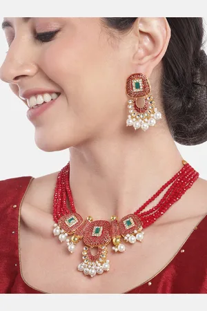 Anouk Women Gold-Plated AD Studded Layered Beaded Necklace with Earrings