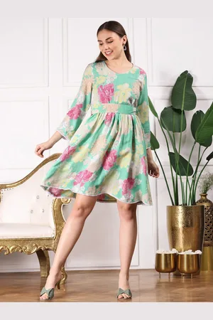 Ishin Floral Printed Flared Sleeves Sequinned Fit & Flare Dress