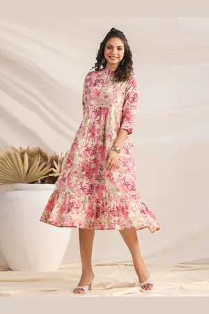 Janasya Floral Printed Mandarin Collar Cotton A-Line Midi Dress