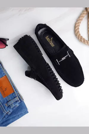 LOUIS STITCH Men Obsidian Black Italian Suede Leather Handmade Driving Loafers