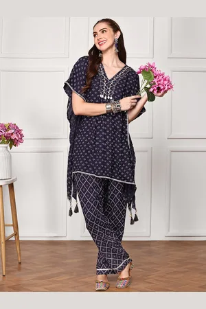 Ishin Embellished Bandhani Printed Kaftan Top with Hand Tassels Paired With Trouser