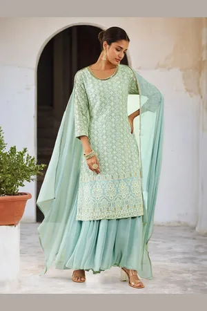 Soch Blue Ethnic Motifs Embroidered Regular Sequinned Kurta with Sharara & Dupatta