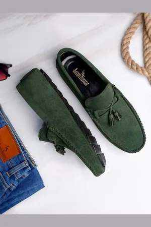 LOUIS STITCH Men Seaweed Green Italian Suede Leather Handmade Driving Tassel Loafers