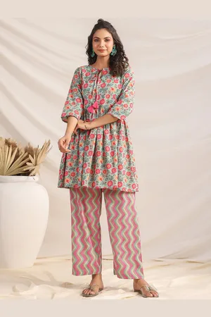 Janasya Floral Printed Pure Cotton Tunic With Trouser