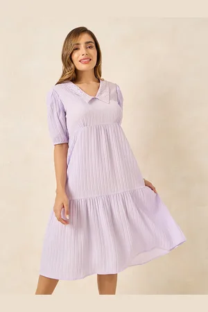 Styli Lavender Collared A-Line Midi Dress With Puff Sleeves