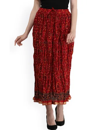 Exotic India Rococco Red Pure Cotton Bandhani Print Elastic Long Skirt with Gota Border