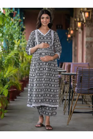 Aujjessa Ethnic Motifs Printed Pure Cotton Maternity Feeding Kurta with Trousers