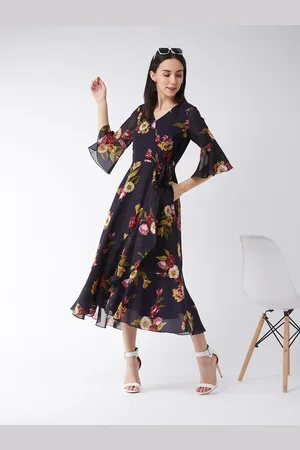 all about you Blue & Red Floral Printed Bell Sleeve Georgette Fit & Flare Maxi Dress