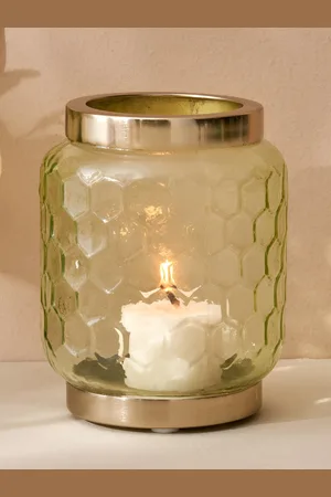Home Centre Green & Gold-Toned Glass Honeycomb Votive Holder