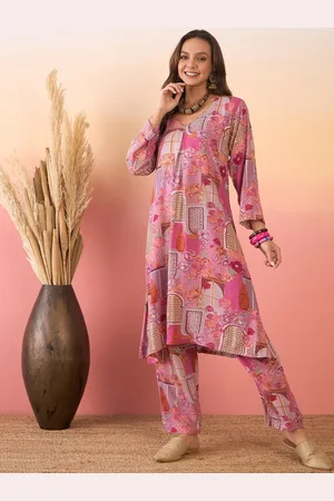 InWeave V-Neck Floral Printed Regular A-Line Kurta with Trousers
