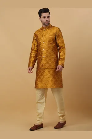 Kraft Ethnic Motifs Printed Sequinned Mandarin Collar Jacquard Kurta With Churidar