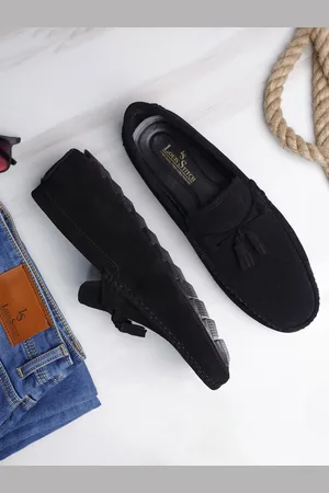 LOUIS STITCH Men Obsidian Black Italian Suede Leather Handmade Driving Tassel Loafers